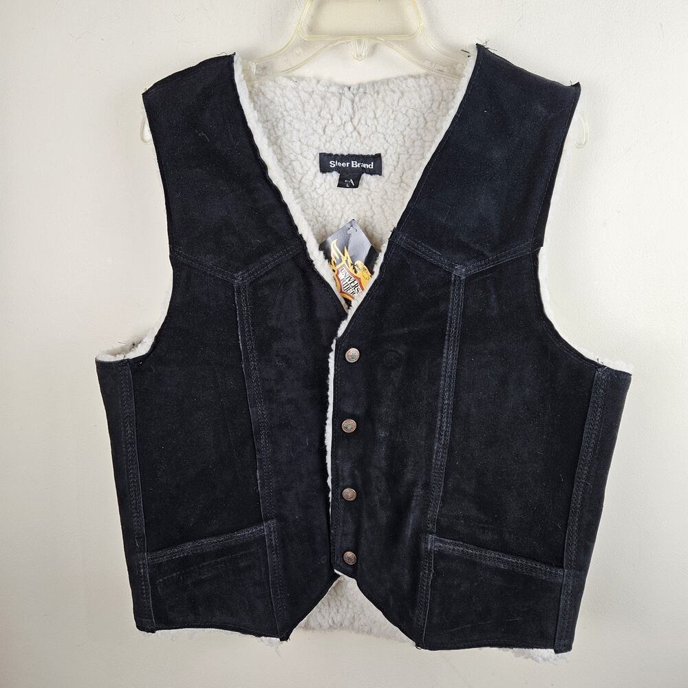 VTG Steer Brand Men’s Suede Vest Mens L Black Leather Shearling Sherpa Western